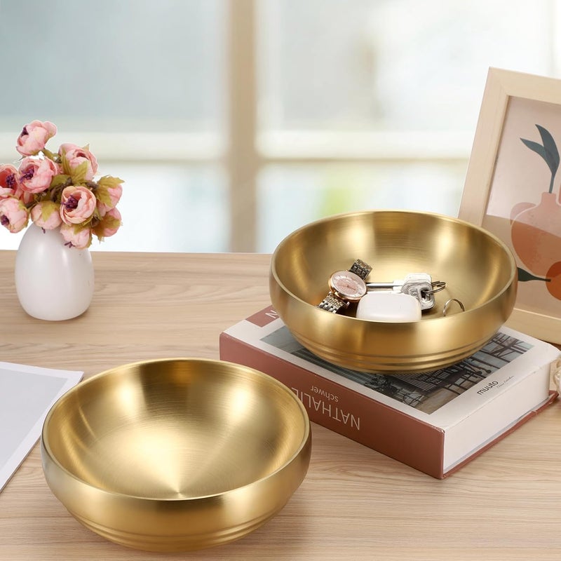 GUSHBIN 7.4" Gold Decorative Bowl - 2 Packs Key Bowls for Entryway Table Catchall Vintage Round Key Holder Bowl for Candy Fruit, Home Decor - Image 2